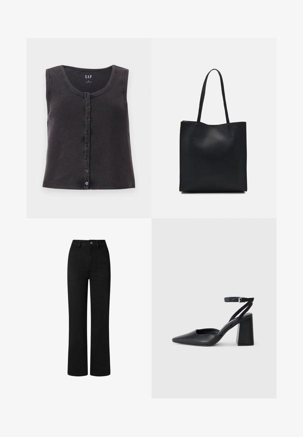 Tumehall ribaga ilma varrukateta pluus ümmarguse kaelusega ja nööpide eesmassiga. Disainil on peen tekstuur ja kuus musta nööpi.; Mustad, kõrge vöökohaga püksid sirge jala disainiga, valmistatud siledast puuvillast kangast. Omab eespool taskuid ja lihtsat metallist nööbisuletust.; Mustmustest must-käigukingad, millel on konksuga nöör ja paks konts. Ühtlane tekstuur, stiilne disain ja minimalistlik esteetika.; Mustast nahast kott sujuva tekstuuriga, ristkülikukujuline ja kahe pika sangaga. Pole nähtavat riistvara ega kaunistusi.