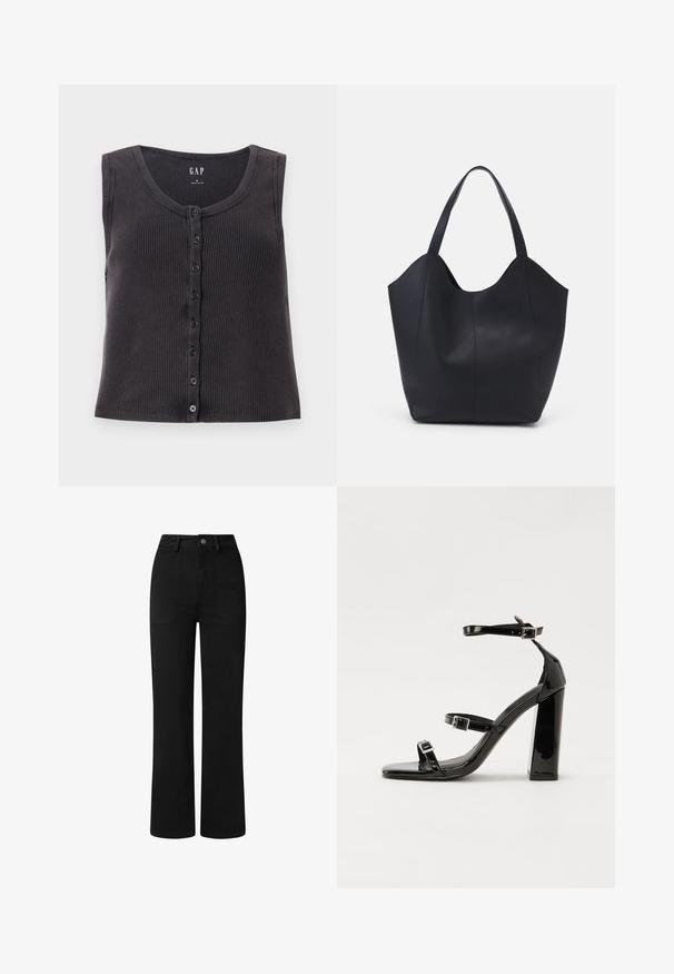 Mørkegrå ribbet ærmeløs top med rund halsudskæring og knaplukning foran. Designet har en subtil tekstur og seks sorte knapper.; Sorte, højtaljede bukser med lige ben-design, lavet af glat bomuldsstof. Har foran lommer og en simpel metalknaplukning.; Sorte patenterede hælsandaler med firkantet tå, ankelremme og sølvspænder. Har en chunky blokHæl for stabilitet.; Sort tote taske lavet af glat læder, med en buet, åben top, to skulderstropper og et minimalistisk design.