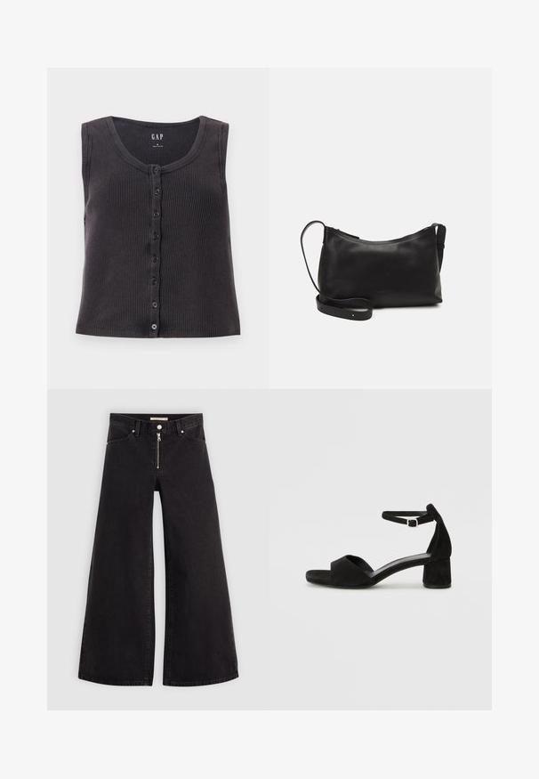 Top sans manches en ribbed gris foncé avec un col rond et une patte de boutonnage à l'avant. Les motifs présentent une texture subtile et six boutons noirs.; Jean large en denim noir avec une fermeture éclair à l'avant, un design à cinq poches et des détails de couture subtils. Texture lisse et style décontracté.; Sandales à talons en daim noir avec une fine lanière à la cheville, design à bout ouvert et un talon carré modeste. Texture lisse et accents minimalistes.; Sac à épaule en cuir noir avec une texture lisse, une forme courbée, une bandoulière ajustable et une fermeture éclair. Design minimaliste sans embellissements.