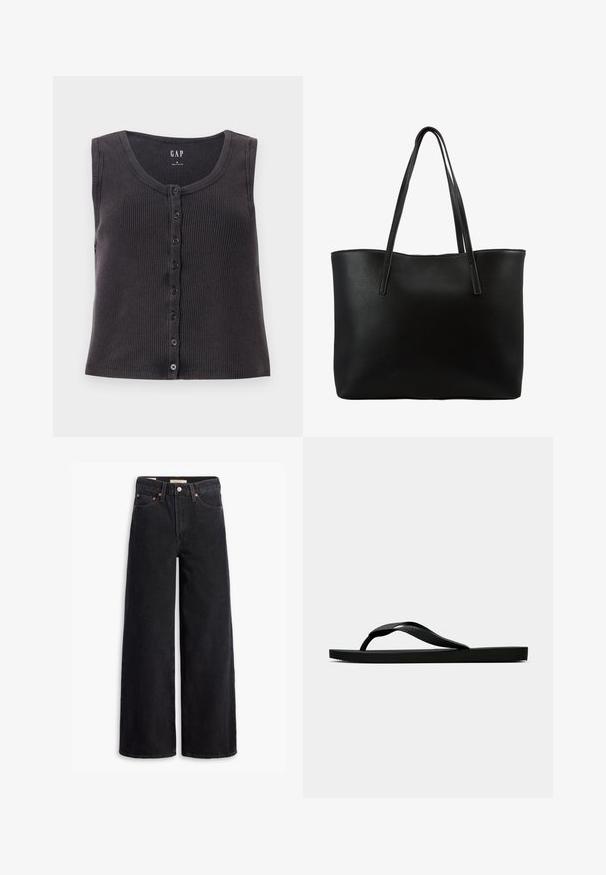 Dark gray ribbed sleeveless top with a round neckline and a button front placket. Designs feature subtle texture and six black buttons.; Black wide-leg jeans made of denim, featuring five pockets, copper rivets, and a classic button closure. Smooth texture with a clean design.; Black rubber flip-flop sandal with a textured thong strap and simple flat sole, shown from side on a plain light background.; Black tote bag with a textured leather exterior, tall rectangular shape, two long handles, and an open top design. No visible hardware.