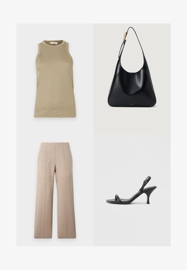Beige sleeveless top made from ribbed fabric. Features a high neckline and side slits. Label reads "IVY OAK." Simple and form-fitting design.; Beige wide-leg trousers made of lightweight fabric, featuring front pleats, a smooth waistband, and a straight cut with clean hems.; Black leather high-heeled sandals with a slim, curved heel and a crossed strap design. Adjustable ankle strap. Smooth texture.; Black leather shoulder bag with a smooth texture, curved silhouette, and a gold hardware accent. Features embossed brand logo at the base.