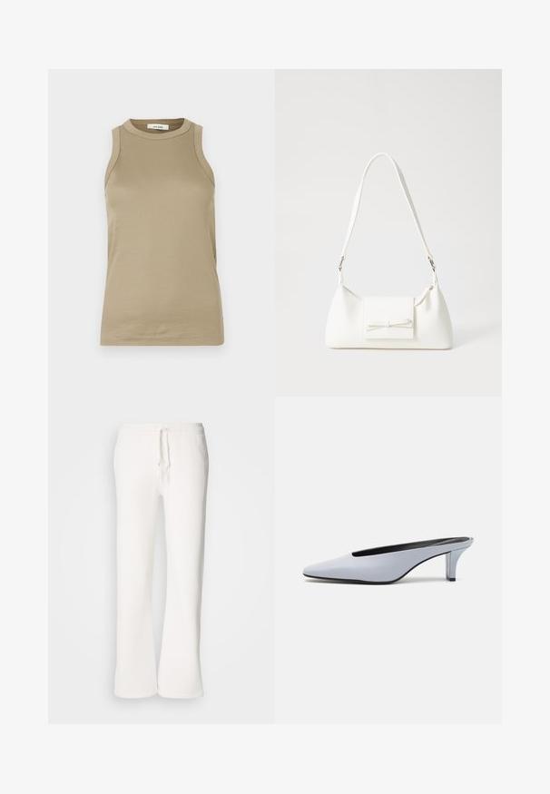 Beige mouwloos topje gemaakt van ribgebreide stof. Heeft een hoge halslijn en zijsplitten. Het label zegt "IVY OAK." Eenvoudig en figuurvolgend ontwerp.; Witte, relaxed-fit joggingbroek van zachte stof, met een elastische tailleband en een trekkoord, en een rechte pijp.; Lichtblauwe patentleren mule met een spitse neus, een lage doorzichtige hak, en een strak ontwerp met een uitsparing bij de vamp.; Witte synthetische handtas met een driehoekige vorm, platte voorklep en strikdetail, verstelbare schouderriem, gladde textuur en minimalistisch ontwerp.