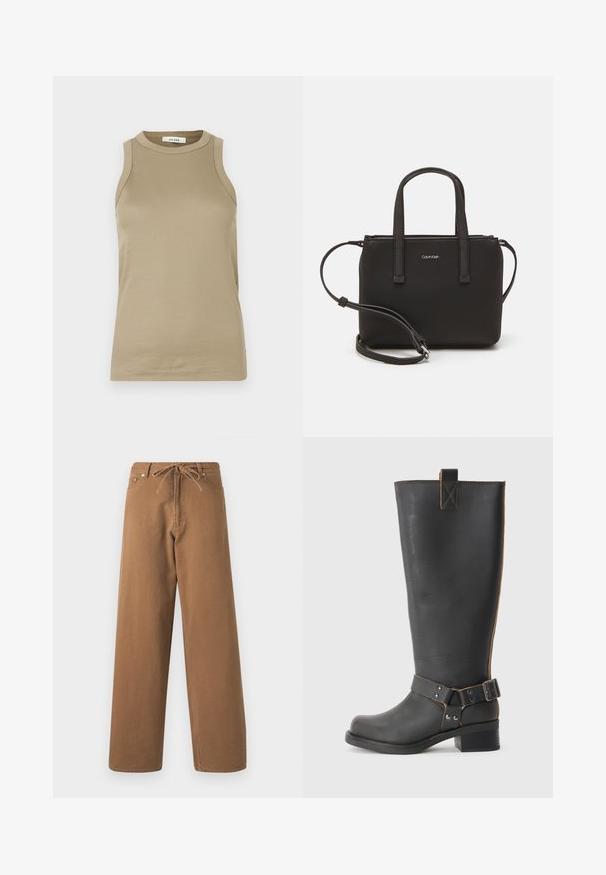 Bežs bez piedurknēm augšpuses izgatavota no ribota auduma. Iezīmē augstu kakla izgriezumu un sānu izgriezumus. Etiķete lasāma "IVY OAK." Vienkāršs un pieguļošs dizains.; Brūni plaši bikses, izgatavotas no kokvilnas, ar auklu viduklī un divām priekšējām kabatām. Iekšējais audums ir strukturēts, bet ārējais - gluds.; Melnas ādas līdz ceļiem augstas zābakus ar teksturētu apdari, ar sānu sprādzi un zemu papēdi. Izšūšana gar šuvēm.; Melns roku soma ar divām īsām rokturiem un noņemamu plecu siksnu. Gluda ādas līdzīga materiāla ar rāvējslēdzēja aizdari un logos detaļu.