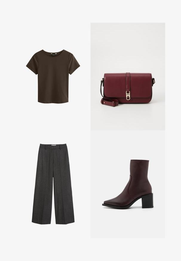 Brun kortärmad t-shirt med rund halsringning, tillverkad av mjukt tyg, med en enkel och sömlös design utan synliga logotyper eller mönster.; Vit skjorta med långa ärmar, strukturerad krage och rundad nederkant. Tillverkad av ett mjukt, enhetligt tyg utan synliga mönster eller detaljer.; Breda byxor i mörkgrått tyg. Har en skräddarsydd midja med bältesöglor, slät yta och minimal sömnadsdetaljer.; Zign LEATHER - Stövletter - bordeaux; Tommy Hilfiger LIBRE FLAP CROSSOVER - Axelremsväska - deep rouge; Burgundy läderplånbok med vikdesign, guld logotypdetalj och slät yta. Kompakt och rektangulär i formen.