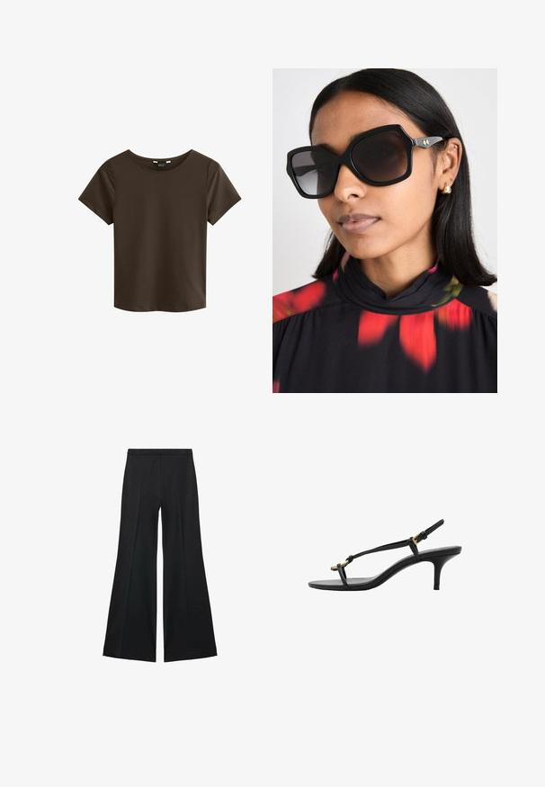 Braunes T-Shirt mit kurzen Ärmeln und rundem Ausschnitt, aus weichem Stoff gefertigt, mit einem einfachen und nahtlosen Design ohne sichtbare Logos oder Muster.; Schwarze weit geschnittene Hose mit glatter Textur, ausgestattet mit Frontfalten und einem taillierten Design. Der Stoff ist leicht und fließend.; Schwarze Leder-Kitten-Heel-Sandale mit dünnen Riemen, goldener Schnalle und minimalistischer Zehen-Schlaufe vor einem weißen Hintergrund.; Schwarze übergroße Sonnenbrille mit geometrischem Rahmen, dunkel getönten Gläsern und goldfarbenen Akzenten, getragen mit einem hochgeschlossenen Oberteil im floralen Muster.