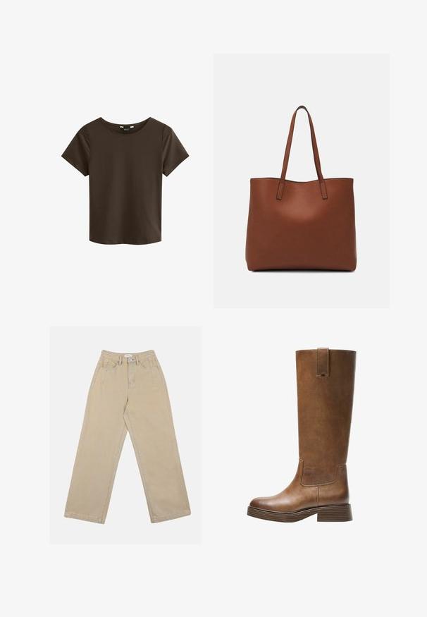 Smeđa majica kratkih rukava s okruglim izrezom, izrađena od mekane tkanine, s jednostavnim i neprimjetnim dizajnom bez vidljivih logotipa ili uzoraka.; Bež hlače širokog kroja izrađene od denima, s visokim strukom, prednjim džepovima i kontrastnim šavovima. Dizajn uključuje zatvaranje na dugme.; Smeđe kožne čizme do koljena s zaobljenim nosom, teksturiranom površinom i niskim debljim potplatom. Imaju bočni panel i povlačnu traku na vrhu.; Smeđa kožna torba preko ramena s glatkom teksturom, otvorenim vrhom i dvjema naramenicama. Ima minimalne šavove i nema vidljivog hardvera.