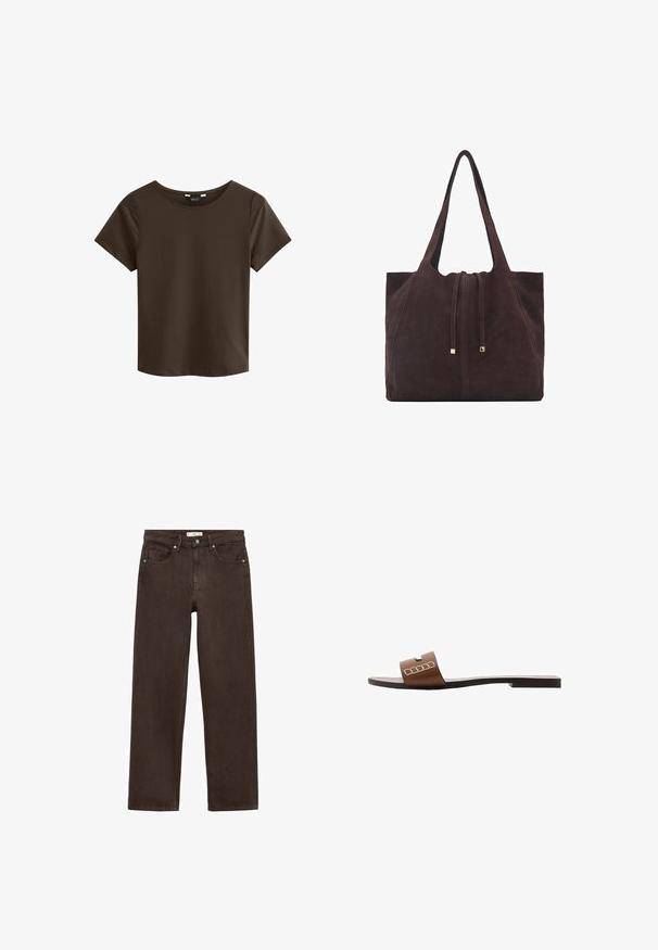 T-shirt marron à manches courtes avec un col rond, fabriqué en tissu doux, affichant un design simple et sans coutures, sans logos ni motifs visibles.; Jeans beige à jambes larges en denim, avec un design classique à cinq poches, fermeture par bouton et détails de couture subtils.; Sandale à glisser en cuir marron avec une semelle plate, dotée d'une large sangle et d'accents géométriques blancs pour un design minimaliste.; Mango Cabas - dark brown