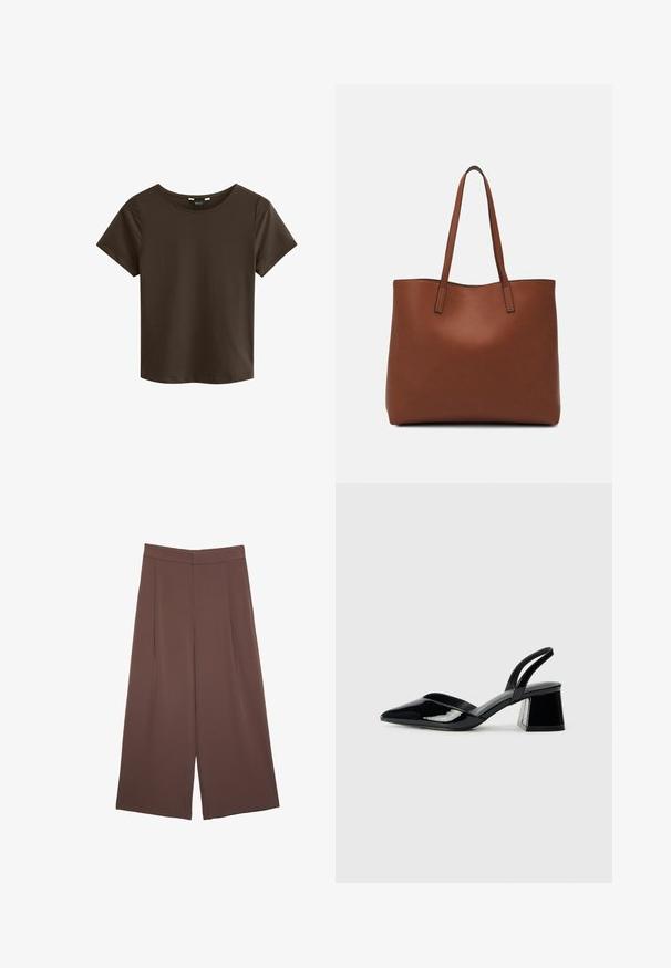T-shirt marrone a maniche corte con scollatura rotonda, realizzato in tessuto morbido, caratterizzato da un design semplice e senza cuciture, privo di loghi o motivi visibili.; Pantaloni ampi marroni con una texture liscia, caratterizzati da una vita alta e pieghe frontali. Il tessuto è leggero e scorre liberamente.; Décolleté in vernice nera con punta affusolata e tacco in geometria cubica. Presentano un design elegante e minimalista, con una texture liscia.; Borsa tote in pelle marrone con texture liscia, design con apertura superiore e due spallacci. Presenta cuciture minime e nessun hardware visibile.