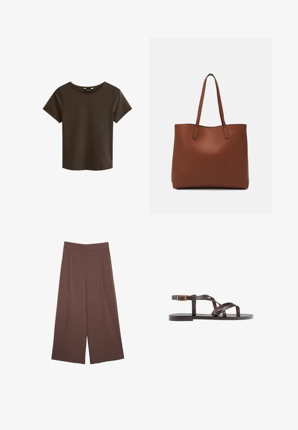 Hnědé tričko s krátkým rukávem a kulatým výstřihem, vyrobené z měkké tkaniny, s jednoduchým a bezeslovným designem bez viditelných log nebo vzorů.; Hnědé široké kalhoty s hladkou texturou, vysokým pasem a předními záhyby. Materiál je lehký a volně splývá.; Hnědé kožené sandály s kříženými pásky, uzavřením na přezku u kotníku a plochou podrážkou s minimem švů.; Hnědá kožená taška přes rameno s hladkou texturou, otevřeným designem a dvěma ramenními popruhy. Obsahuje minimální švy a žádné viditelné kovové prvky.