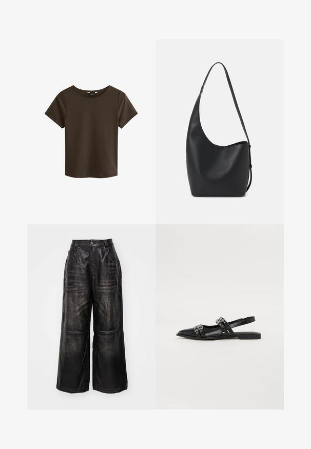 Pruun lühikeste varrukatega T-särk ümmarguse kaelusega, valmistatud pehmest kangast, millel on lihtne ja sujuv disain ilma nähtavate logode või mustriteta.; Mustad laiad mustad nahkpüksid, millel on kerge läike. Omavad õmblustega detaile ja esikotte, lõpetatud nupu ja lukuga.; Even&Odd Baleriinad - black; Mustast nahast hobo kott, millel on sile tekstuur, kumer kuju ja üks reguleeritav rihm; peal on lai avaus.