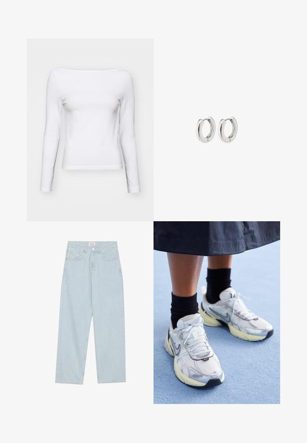Biela dlhá tričko s dlhým rukávom a štvorcovým výstrihom, slim fit, vyrobené z jemného bavlneného materiálu. Hladká textúra, bez vzorov alebo akcentov.; Svetlomodré široké džínsy vyrobené z denimu, s polovičným pásom, piatimi vreckami a zapínaním na gombík s úzkym kovovým detailom.; Biele a strieborné Nike tenisky s mrežovou textíliou, reflexnými akcentmi a béžovou podrážkou. Nosené s čiernymi ponožkami, stojace na modrom povrchu.; Strieborné kruhové náušnice s lešteným povrchom, s obvodovým dizajnom a bezšvíkovými pántmi, ktoré majú hladkú textúru.