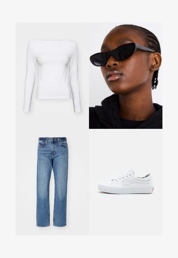 Bílý dlouhý rukáv tričko s čtvercovým výstřihem, slim fit, vyrobené z měkké bavlny. Hladká textura, bez vzorů nebo akcentů.; Světlé modré džíny rovného střihu vyrobené z denimu. Mají pět kapes, klasické zapínání na knoflík a jemné vyblednutí po celém materiálu.; Bílé plátěné tenisky s nízkým střihem, kulatou špičkou, šněrováním, polstrovaným límcem a vzorovanou podšívkou. Červená logo nášivka na patě.; Černé sluneční brýle ve tvaru kočičích očí s matným povrchem, které mají elegantní design a jemně zaoblené okraje, umístěny na pozadí modelova tmavého oblečení.