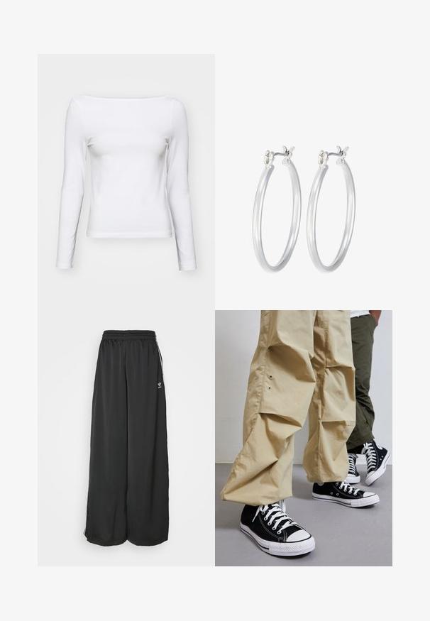 Valge pikakäsine T-särk ruudukujulise kaelusega, kitsas lõige, valmistatud pehmest puuvillast materjalist. Sile tekstuur, ilma mustrite või aktsentideta.; Mustad, vabalt langevad spordipüksid, mis on valmistatud siledast kangast. Omab elastset vöökoht ja külgedel triibusid koos logo aktsentidega.; Mustad musta kangaga kõrge ülaosaga tossud valgete kummitaldadega, millele on sobitatud heledatbeezhat värvi laia lõikega püksid küljetaskutega ja mugava istuvusega.; Hõbedased rõngaskõrvarõngad, millel on sile, läikiv viimistlus. Ümmargune kuju ja turvaline klõpsulatus. Kerge disain, sobib igapäevaseks kandmiseks.