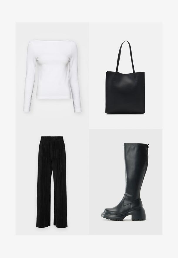 Valge pikakäsine T-särk ruudukujulise kaelusega, kitsas lõige, valmistatud pehmest puuvillast materjalist. Sile tekstuur, ilma mustrite või aktsentideta.; Mustad pleekitud püksid elastse vöökohtaga. Omavad laiad jalad ja sujuvat, tekstureeritud kangast vertikaalsete triipudega.; Kõrge must nahksaapad, millel on massiivne platvormi tald ja blokk-kand, varustatud tõmbenööriga ja tekstuuriga väljatõmbejääk.; Mustast nahast kott sujuva tekstuuriga, ristkülikukujuline ja kahe pika sangaga. Pole nähtavat riistvara ega kaunistusi.