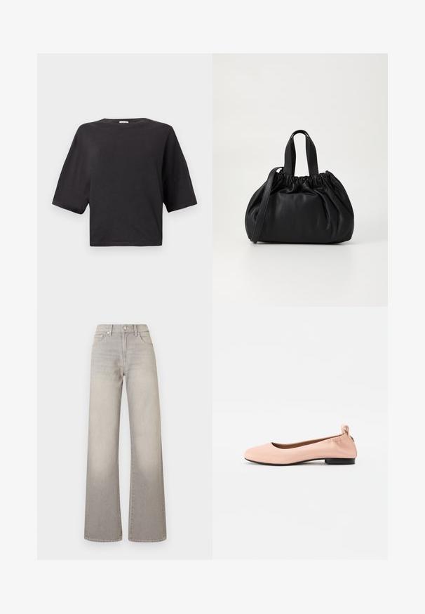 Tricou scurt, negru, din bumbac, cu un guler rotund și mâneci scurte, având o croială lejeră. Textură netedă, fără modele sau accente.; Jeans largi gri cu un finisaj decolorat, închidere cu buton, design cu cinci buzunare și detalii cusute pe cusături.; Balerini de culoare roz pal, confecționați dintr-un material neted, cu vârf rotund, spate flexibil și un toc mic negru.; Geantă de mână din piele neagră cu un design cu partea superioară plisată, având două mânere scurte și o curea lungă ajustabilă. Textură netedă, formă rotunjită.