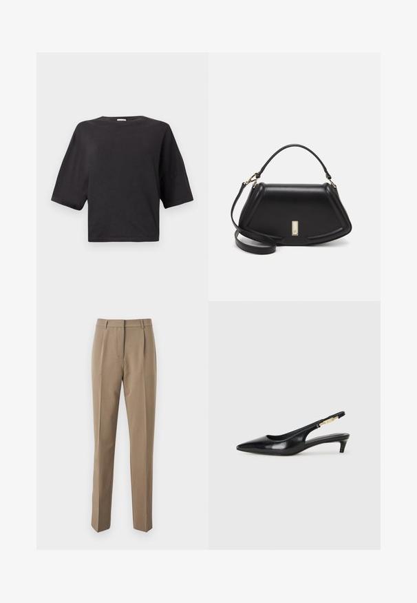 Fekete, rövidített pamut póló, kerek nyakkivágással és rövid ujjal, laza szabással. Simább textúrával, minta vagy díszítés nélkül.; Barna, sima anyagból készült, szabott nadrág, amelyen egyenes szárak, elülső hajtások és övhurkokkal ellátott derékrész található.; Fekete bőr slingback magassarkúk, hegyes orral, vékony sarkakkal és arany színű részlettel a állítható pánton. Simа felület.; Fekete bőr kézitáska, strukturált dizájnnal, rövidített formával, felső fogantyúval és arany színű kiegészítőkkel. Állítható vállpánt is tartozik hozzá.