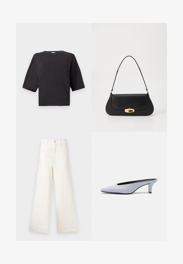T-shirt preta cropped feita de algodão, com decote redondo e mangas curtas, apresentando um corte descontraído. Textura suave, sem padrões ou detalhes.; Calças largas em algodão bege claro. Apresentam uma cintura alta, bolsos frontais e um corte reto. Acabamento de bainha limpo, sem padrões.; Mule de pele patente azul claro com bico alongado, salto baixo transparente e um design elegante com um recorte no vamp.; Bolsa de couro preto com um design curvado, detalhes em metal dourado e uma pega superior. Apresenta um fecho elegante e uma textura suave.