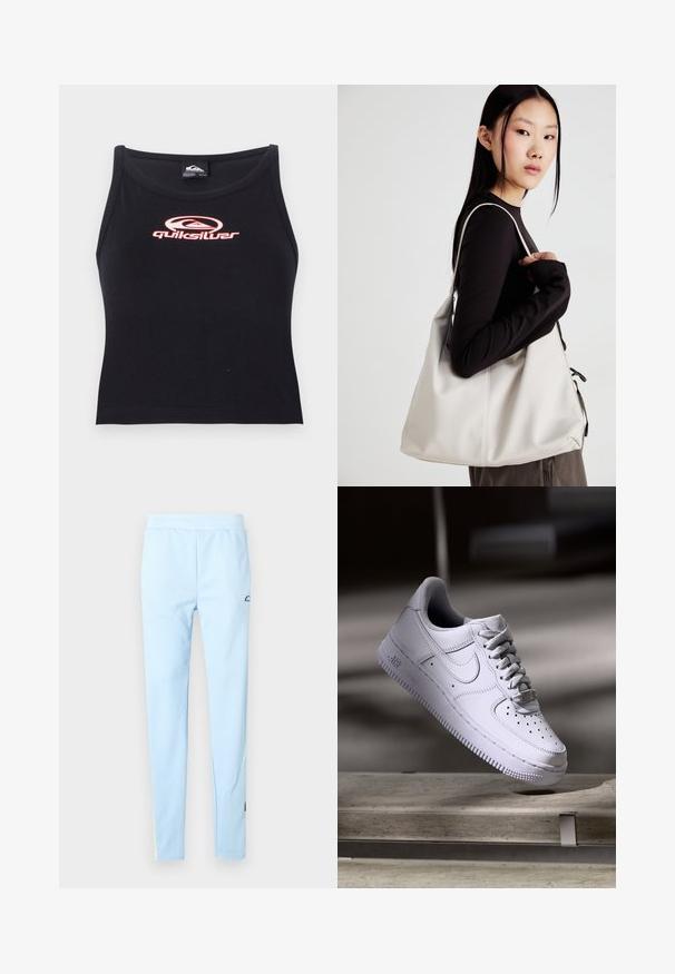 Melna bez piedurknēm krūšturis, izgatavots no mīksta auduma, ar rozā Quiksilver logo, kas novietots centrā uz krūtīm. Vienkāršs dizains ar noapaļotu kakla izgriezumu.; Gaiši zili sporta bikses ar gludu tekstūru, elastīgu jostasvietu un maigu rakstu. Uz sāna ir redzama emblēma, un apakšmalā ir krāsu akcenti.; Balts Nike Air Force 1 kurpes, kas levitē virs betona virsmas ar ēnām minimālistiskā vidē.; Bežs rokassoma, izgatavota no mīksta materiāla, ar brīvu dizainu, izšūtu apdari un divām plecu siksnām. Piemērota ikdienas lietošanai.