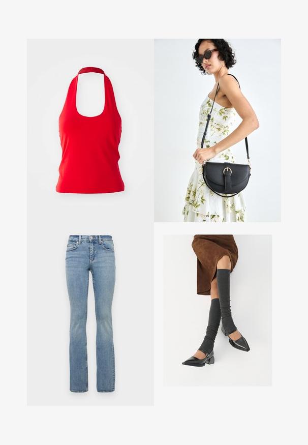 Piros pánt nélküli, széles kivágású top, amely kinn van és sima anyagból készült. Nem tartalmaz mintákat vagy kiegészítő hardverelemeket.; Világoskék, széles szárú farmernadrág, közepes derékkal, öt zsebes kialakítással, övhurkokkal és finom kopásokkal a combon.; Fekete lakk bőrből készült, hegyes orrú cipők, tömbsarkúakkal és bokapánttal, szürke bordás lábszármelegítőkkel és barna velúr szoknyával párosítva.; Fekete bőrtáska ívelt formával, levehető pánttal és arany színű fémrészekkel. A táskán egy csattal díszített fedél található.