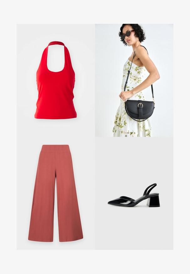 Raudonas halter tipo tank topas su plačiu apvaliu kaklu ir prigludusia siluetu, pagamintas iš lygaus audinio. Be raštų ar papildomų detalių.; Platus rustinės spalvos kelnes, pagamintas iš tekstūruotos audinio su vertikaliomis briaunelėmis. Su aukšta, elastinga juosmens juosta.; Juodos lakuotos odinės šlepetės su smailiu pirštu ir geometriniu bloko kulnu. Turi elegantišką, minimalistinį dizainą ir lygų paviršių.; Juodas odinis krepšys su išlenkta forma, nuimamu dirželiu ir auksiniais detalėmis. Krepšys turi kilpą su sagtimi.