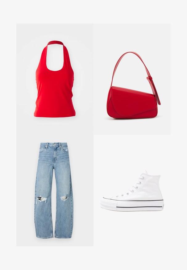Red halter neck tank top with a wide scoop neckline and fitted silhouette, made from smooth fabric. No patterns or additional hardware.; Light blue, high-waisted jeans made of denim. Feature wide legs, two torn knee areas, and classic five-pocket styling.; White high-top canvas sneaker with black rubber sole, front rubber toe cap, and six eyelets for laces, featuring a clean, minimalist design.; Red leather handbag with an angular, geometric design. Features a single adjustable strap and a flap closure with stitched detailing.
