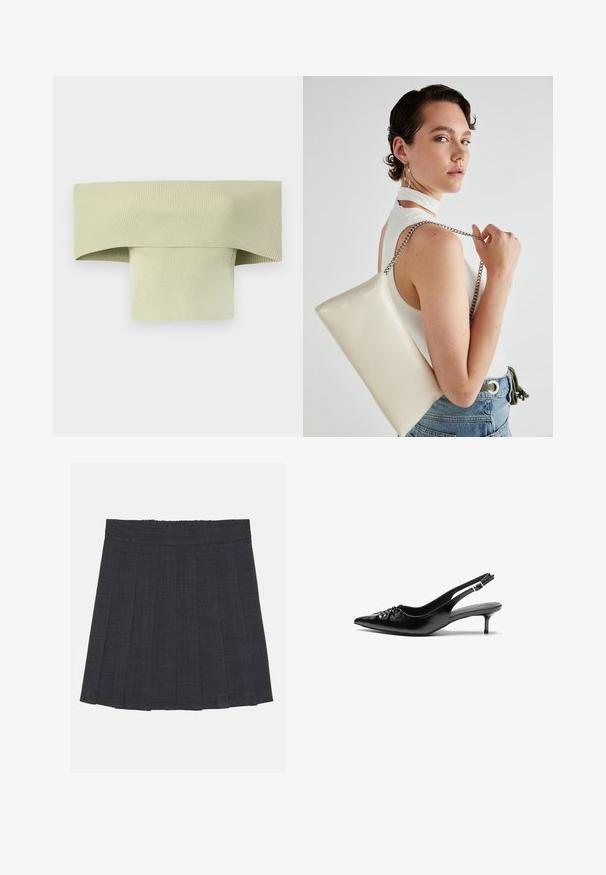 Rebrasto, top brez ramenskega trakca v svetlo zeleni barvi, z širokim zavihanim ovratnikom in tesno prilegajočo obliko, narejen iz elastičnega materiala.; Temno siva nabrana krila z elastičnim pasom, ki ima teksturirano tkanino in klasično silhueto v obliki črke A. Primerna za vsakodnevno nošenje.; Črne usnjene slingback pete z izostrenim nosom, majhno mačje peto in okrasno vozličasto podrobnostjo na sprednjem delu. Gladka tekstura po celotni površini.; Bela pravokotna torbica za ključe iz sijajnega materiala, opremljena s srebrno verižico. Model pozira in prikazuje torbico na enobarvni podlagi.