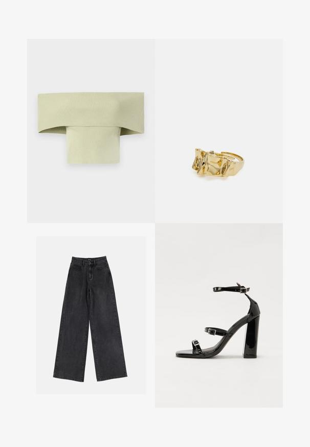 Ribbet, off-shoulder top i lys grøn, med en bred bøjet halsudskæring og en tætsiddende, formsyet silhuet, lavet af strækbart materiale.; Sorte vidde denimjeans med høj talje, klassisk fem-lomme design og subtil falmning. Holdbart stof med en glat tekstur.; Sorte patenterede hælsandaler med firkantet tå, ankelremme og sølvspænder. Har en chunky blokHæl for stabilitet.; Guldring med tekstureret, bølget design, der har tre fremtrædende toppe. Glat, skinnende overflade med en åben ring, der gør den justerbar.