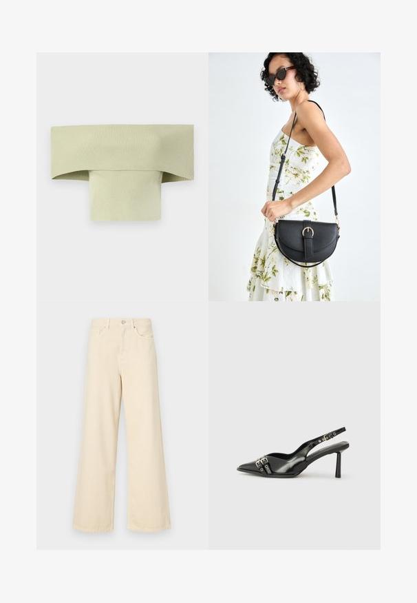 Ribbed, off-the-shoulder top in pale green, with a wide folded neckline and a snug, form-fitting shape, made from stretchy material.; Beige wide-leg jeans made of cotton. Features a button closure, belt loops, and front pockets with a smooth, soft texture.; Black patent leather slingback shoe with pointed toe, ankle straps featuring silver buckles and hardware, and a slender heel.; Black leather handbag with a curved shape, detachable strap, and gold hardware. The bag features a flap with a buckle detail.