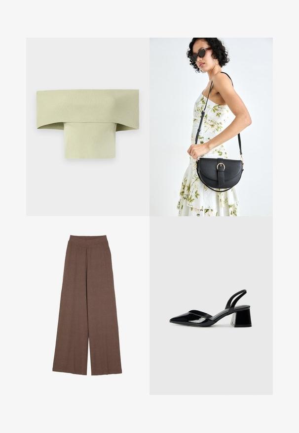 Rippenswertes, schulterfreies Oberteil in hellgrün, mit einem breiten, gefalteten Ausschnitt und einer enganliegenden, figurbetonten Form, hergestellt aus dehnbarem Material.; Weite Hosen aus einem strukturierten, gerippten Stoff in warmem Braun. Mit einem nahtlosen Bund und fließender Silhouette.; Schwarze Lackleder-Slingback-High Heels mit spitzem Schuh und einem geometrischen Blockabsatz. Verfügt über ein schlankes, minimalistisches Design und eine glatte Textur.; Schwarze Lederhandtasche mit geschwungener Form, abnehmbarem Tragegurt und goldenen Beschlägen. Die Tasche verfügt über einen Deckel mit einer Schnallen-Details.