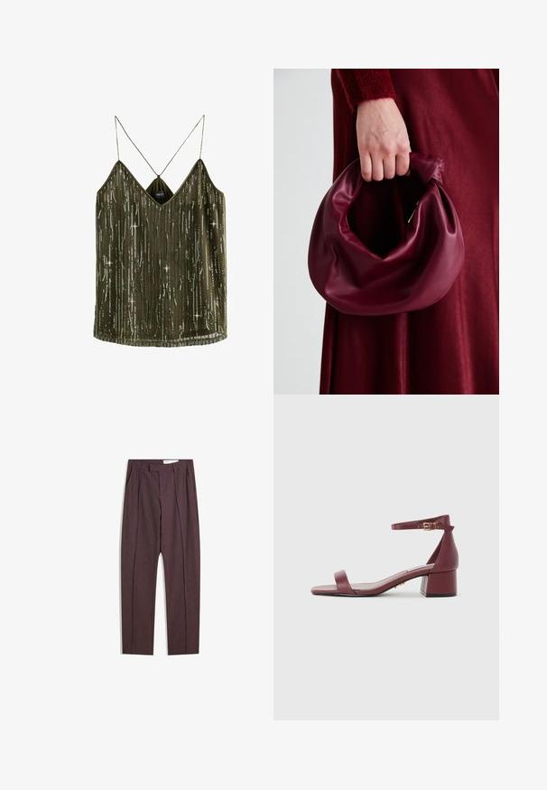 Olivegrön ärmlös topp med V-ringning, paljettbeströdda vertikala ränder och smala axelband. Tyget är lätt och har en silkeslen känsla.; Lila randiga byxor med veck, med hög midja och raka ben. Tillverkade av ett slätt, texturerat tyg.; Burgundy lädersandal i fyrkantig tå, med smal ankelrem, guldfärgad detalj och en kraftig klack. Slät textur och minimalistisk design.; Burgundy läderhandväska med en mjuk, samlad design och rundad form. Handtaget är säkrat och visar en slät yta.