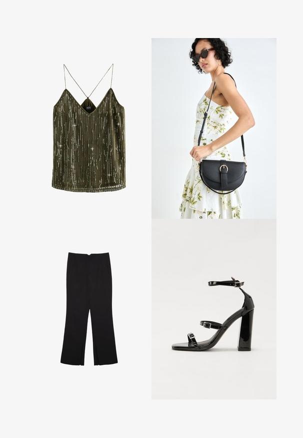 Maslinasto zelena majica bez rukava s V-izrezom, ukrašena vertikalnim šljokicama i tankim trakama. Tkanina je lagana i svilenkaste teksture.; Crne hlače ravnog kroja, s prednjim džepovima i bočnim prorezima na rubu. Izrađene od mekog i glatkog materijala. Pogodne za razne prigode.; Crne lakirane sandale na pete sa kvadratnim nosom, trakama oko gležnja i srebrnim kopčama. Imaju čvrst blok petu za stabilnost.; Crna kožna torba s lukovitim oblikom, odvojivim remenom i zlatnim detaljima. Torba ima preklop s kopčom.