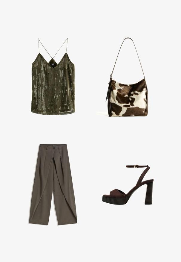 Olijfgroene mouwloze top met een V-hals, pailletten verticaal gestreept en dunne bandjes. De stof is lichtgewicht met een zijdeachtige uitstraling.; Wijdvallende broek gemaakt van een gestructureerde, donkergrijze stof. Heeft een voorplooien, een knopenluiting en zijzakken voor praktische doeleinden.; Bruine suède high-heeled sandaal met een open teen, verstelbare enkelband en een gestreepte plateauzool.; Bruine en crèmekleurige koeienhuid schoudertas met een gladde leren band, ritssluiting en een zachte, tekstuursurface met een natuurlijk patroon.