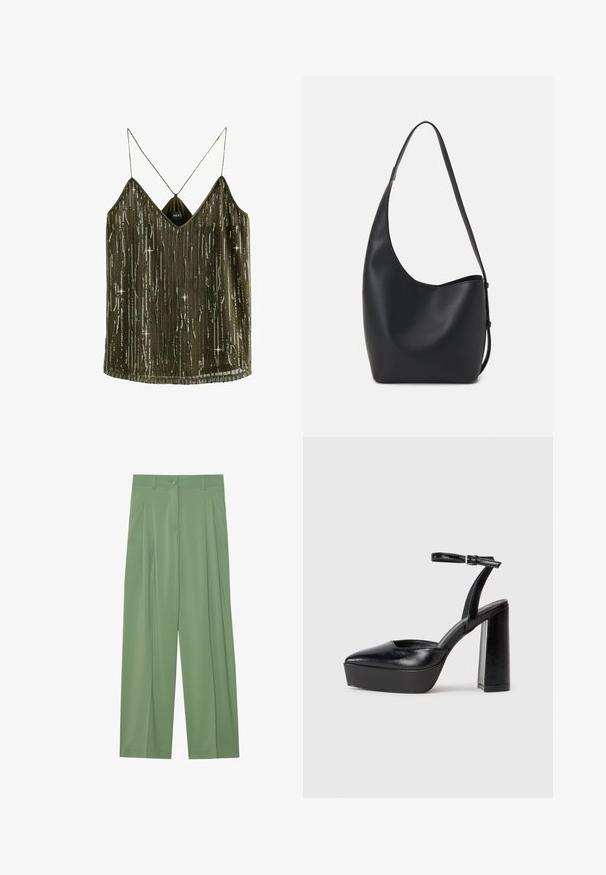 Olivza zaļa bez piedurknēm, ar V-veida izgriezumu, sekvīnu vertikālām svītrām un plāniem siksniņām. Audums ir viegls ar zīda tekstūru.; Zaļi plaši slīdoši bikses, kas izgatavotas no gludas auduma. Iezīmējas ar krokojumiem priekšā, vienu pogu aizdari un jostu cilpiņām.; Melnas platformas papēžs ar norādītu purngala formu un regulējamu potītes siksniņu. Izgatavotas no gludas ādas, ar masīvu bloku papēdi.; Melnas ādas hobo soma ar gludu tekstūru, izliekta forma un vienu regulējamu jostu; augšā ir plaša atvere.