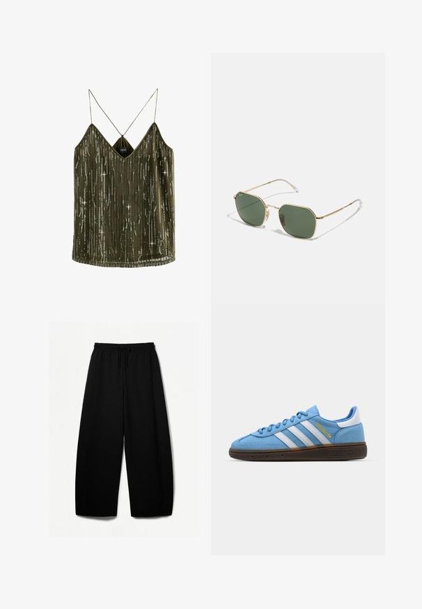 Olive green sleeveless top with a V-neck, sequined vertical stripes, and thin straps. The fabric is lightweight with a silky texture.; Black wide-leg pants with an elastic waistband and drawstring. Soft fabric with a smooth texture. Straight cut with side seams.; Light blue suede sneakers with white leather stripes, a brown textured sole, and gold logo detail. Low-top design with rounded toe.; Gold-framed sunglasses with green lenses, featuring an octagonal shape, thin temples, and transparent tips. Minimalist design and hardware accents.