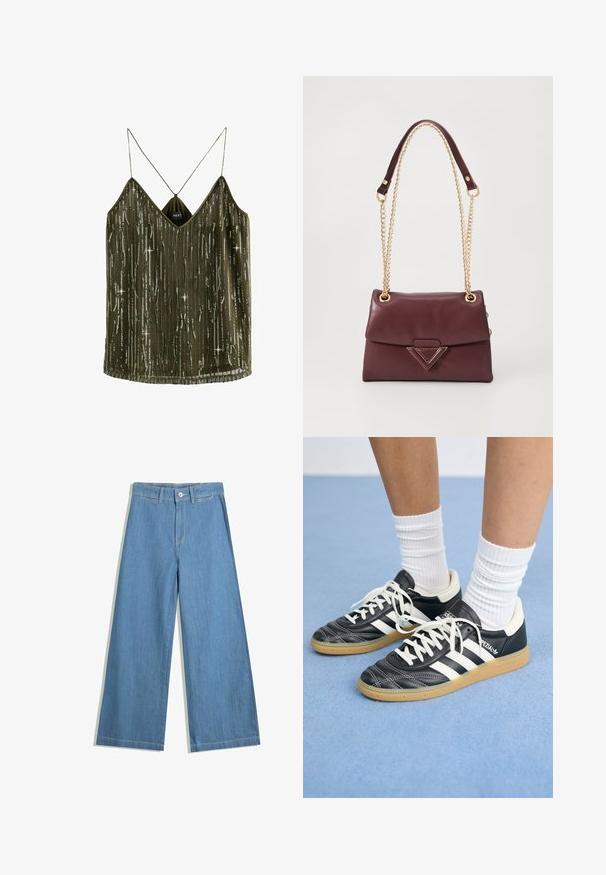 Maslinasto zelena majica bez rukava s V-izrezom, ukrašena vertikalnim šljokicama i tankim trakama. Tkanina je lagana i svilenkaste teksture.; Svijetloplave široke traperice s dugim nogavicama, izrađene od denima, s zatvaranjem na gumbe, petljama za remen i suptilnim detaljima šivanja.; Crne kožne atletike s bijelim trakama, okruglim prstima, bijelim vezicama i gumeni potplat. Naglašene jastučićem oko gležnja i detaljima s brandingom.; Bordo kožna torbica s preklopom, s zlatnim lančićem kao ručkom i trokutastim metalnim naglaskom sprijeda. Glatka tekstura.