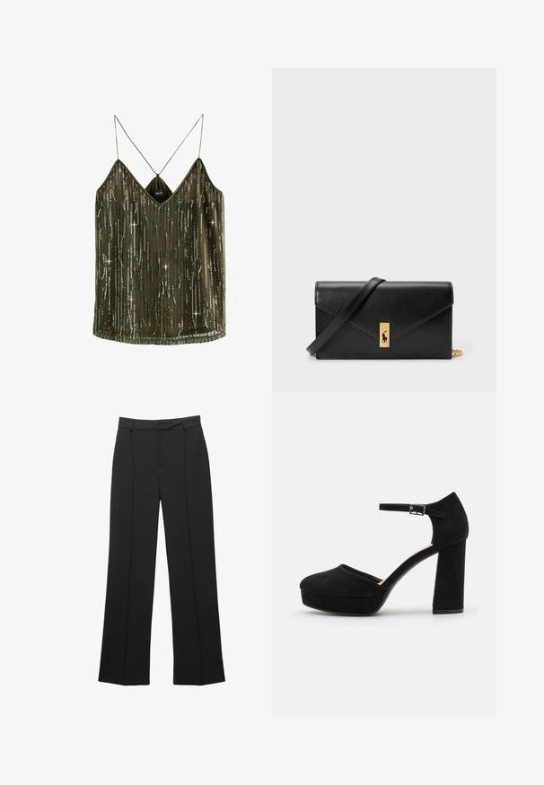 Olijfgroene mouwloze top met een V-hals, pailletten verticaal gestreept en dunne bandjes. De stof is lichtgewicht met een zijdeachtige uitstraling.; Zwarte hoge taille wijde broek met riemlussen en een detail met verticale naad, gepresenteerd op een witte achtergrond.; Zwarte suède plateauhakken met een dikke blokhak, ronde neus en enkelbandje dat is beveiligd met een metalen gesp. Zachte textuur overal.; Zwarte leren portemonnee met een opklapbare flap, gouden hardware en een logo-accent. Inclusief een afneembare strap voor het dragen.