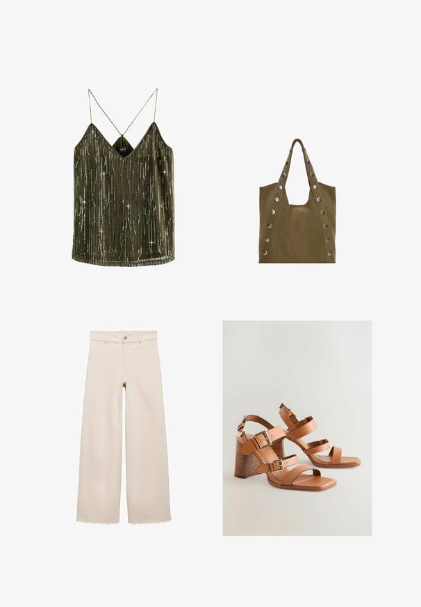 Oliven grøn ærmeløs top med V-hals, vertikale striber dækket af pailletter og tynde stropper. Stoffet er let og har en silkeagtig tekstur.; Beige brede bukser med høj talje, der har knaplukning, forlommer og flosset kant. Lavet af denim stof.; Brune læder højhælede sandaler med flere stropper, guldfarvede metaldetaljer og en skrå blokhæl. Glat overflade, åben tå-design.; Khaki ruskind totebag med to hanke, der har store sølvnitter langs siderne og en stor åben top for nem adgang.