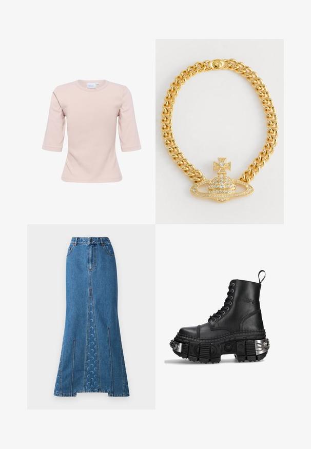 Ljust rosa, rundhalsad t-shirt med trekvartsärmar, tillverkad av mjukt material, med en figurnära passform och slät textur.; Denim maxi kjol i medelblå med ett figursytt midja, rak silhuett, kontrasterande röd sömnad och subtilt cirkulärt mönster på baksidan.; Svart läderkampskor med hög topp, rund tå, tjock strukturerad sula, silverdetaljer och ett distinkt mönster på sulan.; Guldtonad kedjehalsband med en central hänge i kupolform, korsaccent och klara rhinstenar genomgående.