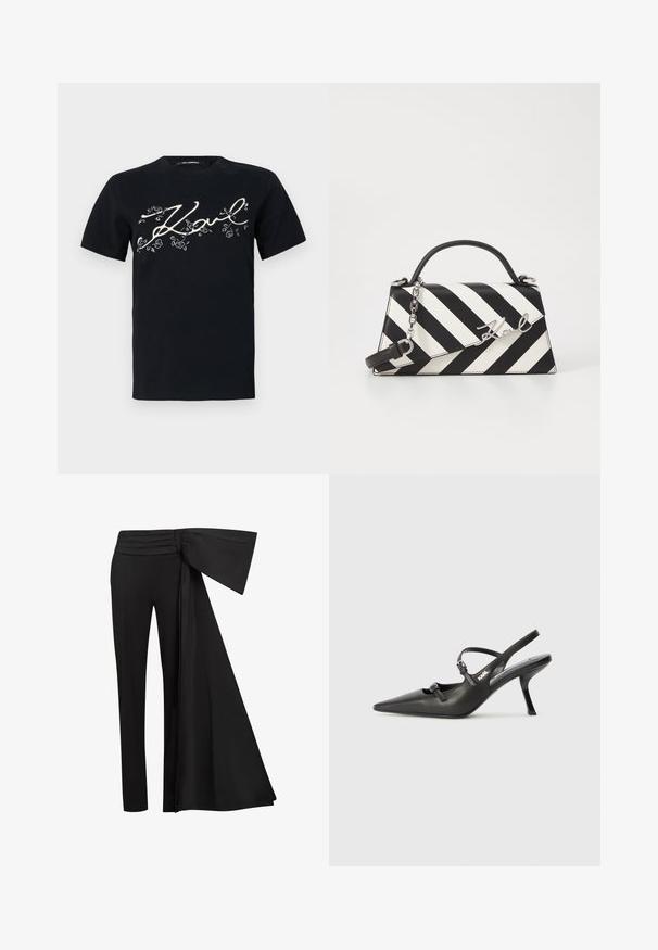 Melnas kokvilnas t-kreklis ar drukātu baltu "Karl" parakstu, rotātu ar ziedu akcentiem. Īsas piedurknes un standarta apaļa kakla izgriezums.; Melni bikses ar platu, karājošu jostu vidukļa zonā. Gluda auduma, taisnā kāju griezuma un krokām jostasvietā.; Melnas ādas slingback papēži ar norādītu purngalu, izsmalcinātu papēdi un dekoratīvu sprādzi uz priekšpuses. Gluda tekstūra un elegants dizains.; Melnām un baltām svītrām rotāta rokassoma ar strukturētu formu, ar augšējo rokturi, noņemamu ķēdes siksnu un metāla logotipa akcentu.