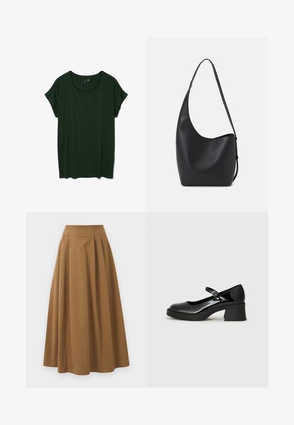 Dark green short-sleeve t-shirt with a rounded neckline and a relaxed fit. Soft texture, no visible patterns or hardware.; Brown cotton A-line skirt with a high waist, featuring pleats down the front and a smooth texture. Hem finishes are clean and simple.; Black patent leather Mary Jane shoe with a rounded toe, adjustable strap, and a chunky square heel. Features a textured sole.; Black leather hobo bag with a smooth texture, curved shape, and single adjustable strap; features a wide opening at the top.