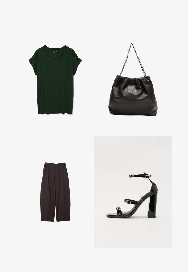 T-shirt corto verde scuro con scollatura rotonda e vestibilità comoda. Tessuto morbido, senza motivi visibili o accessori. ; Pantaloni neri a gamba larga realizzati in un tessuto morbido, con vita alta, pieghe frontali e tasche laterali. Design semplice senza decorazioni.; Sandali con tacco in vernice nera, con punta squadrata, cinturini alla caviglia e fibbie in argento. Presentano un tacco a blocco spesso per maggiore stabilità.; Borsa in pelle marrone con parte superiore arricciata e tracolla a catena. Texture liscia con finitura lucida e dettagli di cucitura sottili sui lati.