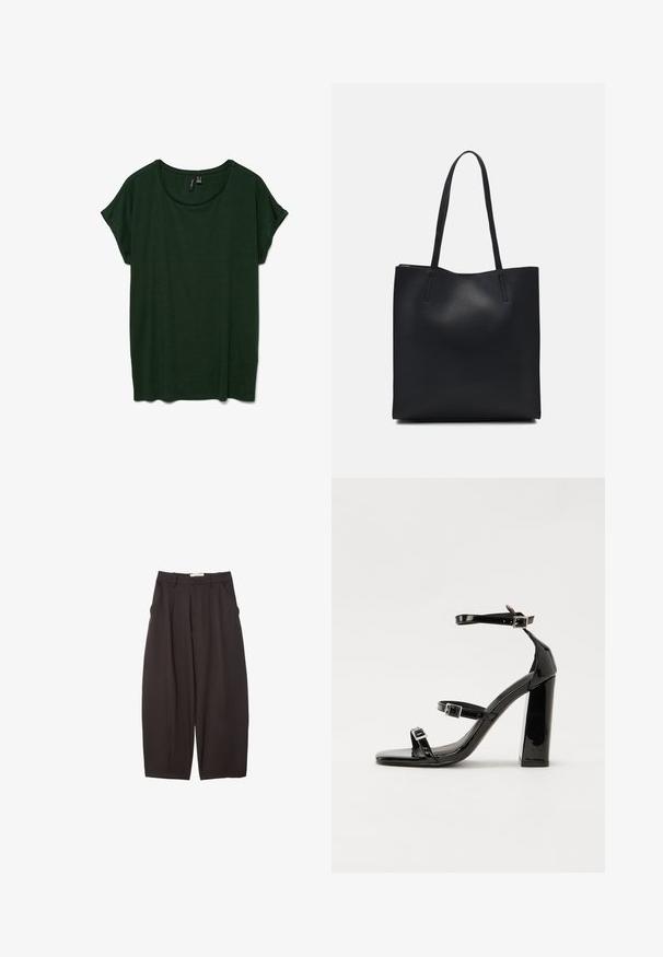 Tumma vihreä lyhythihainen t-paita pyöreällä kaula-aukolla ja rentolla istuvuudella. Pehmeä rakenne, ei näkyviä kuvioita tai tarvikkeita.; Mustat leveälahkeiset housut, jotka on valmistettu sileästä kankaasta. Niissä on korkea vyötärö, etupleatsit ja sivutaskut. Yksinkertainen muotoilu ilman koristeita.; Musta kiiltävä korkokenkä sandaalit neliönmuotoisella varpaalla, nilkkaremmillä ja hopeisilla soljilla. Varustettu tukevalla lohkokorkealla vakauden takaamiseksi.; Mustapahkainen kangaskassi, jossa on sileä pinta, suorakaiteen muotoinen ja kaksi pitkää kahvaa. Ei näkyvää metalliosaa tai koristeita.