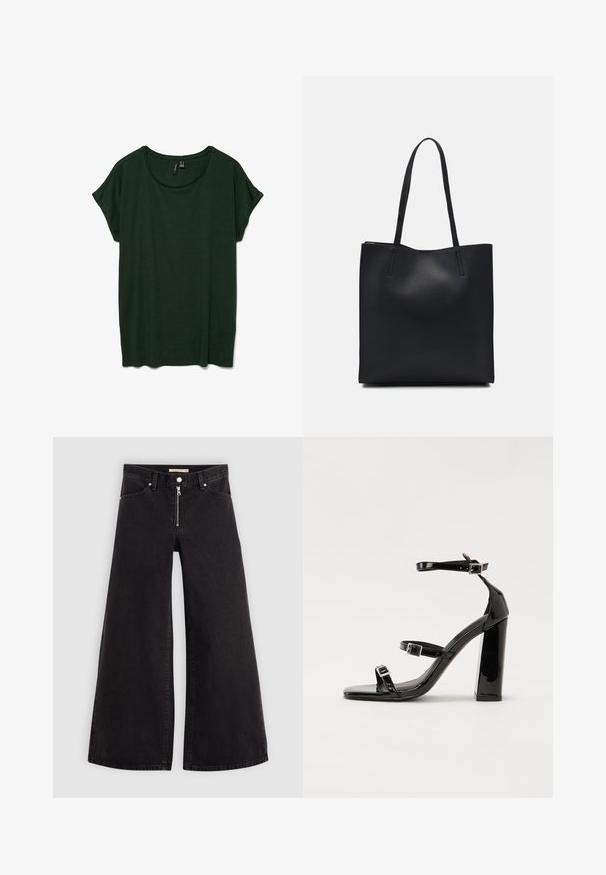 Dark green short-sleeve t-shirt with a rounded neckline and a relaxed fit. Soft texture, no visible patterns or hardware.; Wide-leg jeans in black denim with a zippered front, five-pocket design, and subtle stitching details. Smooth texture and casual style.; Black patent heeled sandals with a square toe, ankle straps, and silver buckles. Features a chunky block heel for stability.; Black leather tote bag with smooth texture, rectangular shape, and two long handles. No visible hardware or embellishments.