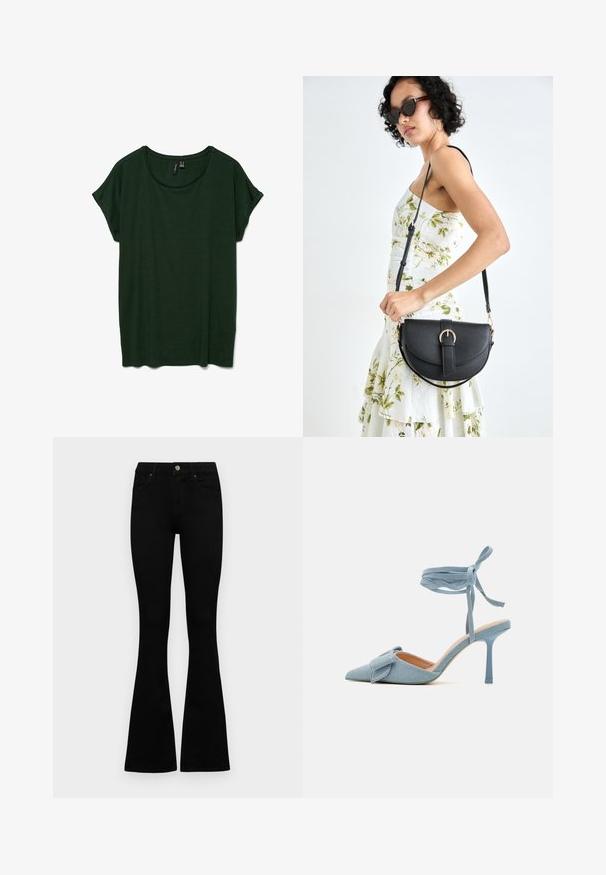 Donkergroene T-shirt met korte mouwen, een ronde hals en een relaxed fit. Zachte textuur, geen zichtbare patronen of hardware.; Zwarte hoge taille jeans met een knoop- en ritssluiting, voorzakken en een flared pijp, plat gelegd op een witte achtergrond.; Puntige stilettohakken in lichtblauw stof met een gestructureerde afwerking, voorzien van een strikaccent en enkelband voor een veilige pasvorm.; Zwarte leren handtas met een gebogen vorm, afneembare schouderband en gouden hardware. De tas heeft een klep met een gespsluiting.
