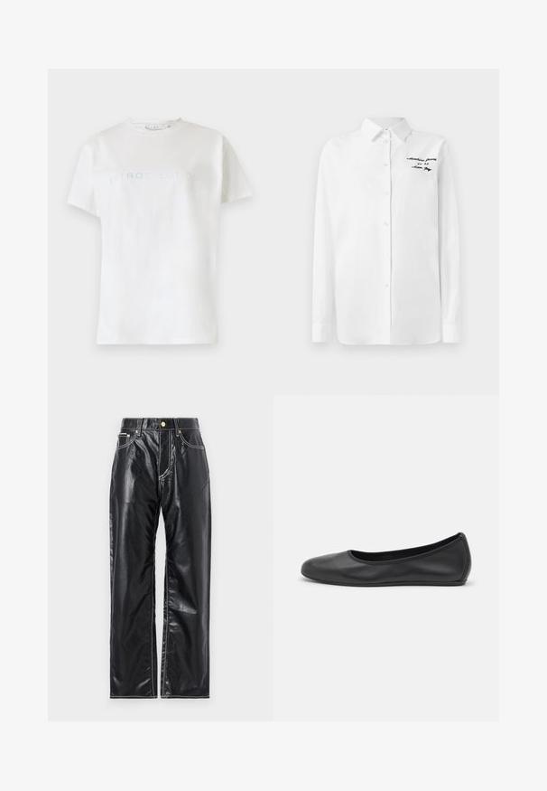 White cotton t-shirt with short sleeves and crew neckline, featuring the word "INTROSPECTION" in light blue text across the chest.; White long-sleeve button-up shirt with collar and black embroidered text "Moschino Jeans" on the upper left chest.; Black faux leather pants with a wide-leg cut, featuring white stitching, front pockets, and a gold button at the waistband.; Black leather ballet flat with a rounded toe, smooth texture, minimal stitching detail, and a flexible sole design.