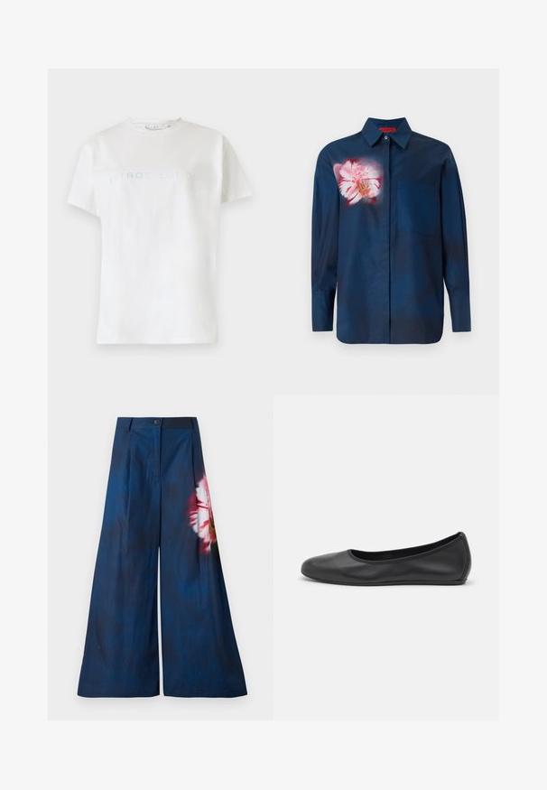 Vit bomulls-T-shirt med korta ärmar och rund halsringning, prydd med ordet "INTROSPECTION" i ljusblå text över bröstet.; Mörkblå skjorta med ett blommönster i rosa nyanser på vänster bröst, med krage som knäpps ner och en enda ficka framtill.; Vidbenade byxor i mörk marinblått tyg, med ett blommigt mönster i rosa och gult på ena sidan, samt knäppning i midjan.; Svart läderballerinaskor med rund tå, slät yta, minimala söm detaljer och en flexibel sula.