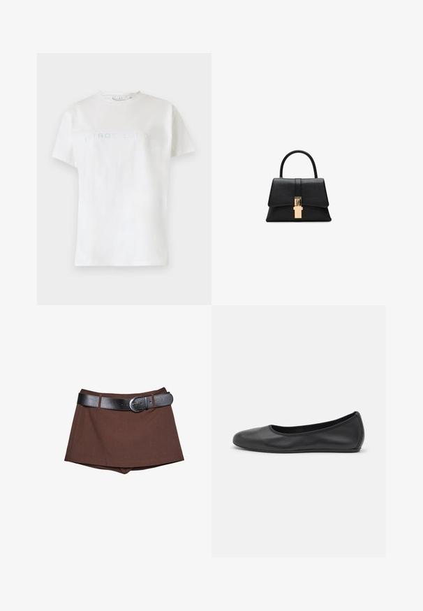 Hvid bomulds t-shirt med korte ærmer og rund halsudskæring, med ordet "INTROSPECTION" i lyseblå tekst hen over brystet.; Brune shorts med en struktureret silhuet, der har et sort læderbælte med sølvspænde, lavet af tekstureret stof.; Sort læderballetsko med rund tå, glat tekstur, minimal syning og et fleksibelt såldesign.; Sort struktureret håndtaske med en glat overflade, en enkelt øverste håndtag og detalje med klaspering i gyldent tone foran. Minimalistisk design.