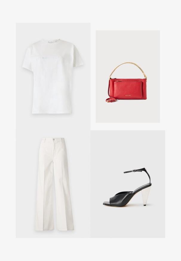 Hvit bomulls t-skjorte med korte ermer og rund hals, med ordet "INTROSPEKSJON" i lyseblå tekst over brystet.; Hvite vide bukser laget av bomull med en glatt tekstur. Har en frontknapp, glidelåsgylf og fire lommer.; Svart lær høyhælte sandaler med åpen tå, asymmetrisk design, ankelstropp og en metallisk kjegleformet hæl. Glatt tekstur hele veien.; Rød skinnveske med teksturert overflate, gullkjede og stropp, glidelål-lomme foran og preget logo. Kompakt og strukturert design.