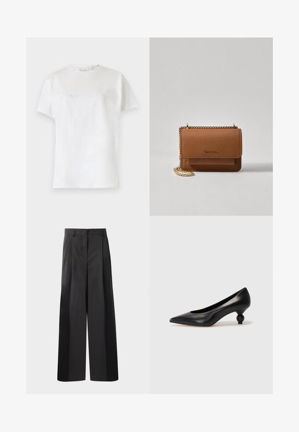 White cotton t-shirt with short sleeves and crew neckline, featuring the word "INTROSPECTION" in light blue text across the chest.; Black wide-leg trousers with a high waist, featuring front pleats, a smooth texture, and a tailored finish. Designed for a relaxed fit.; Black leather high heel shoe with a pointed toe and a round, balled heel. Smooth texture with a sleek, minimal design.; Brown textured leather crossbody bag with gold chain strap and flap closure. Front features logo detail and a pocket under the flap.