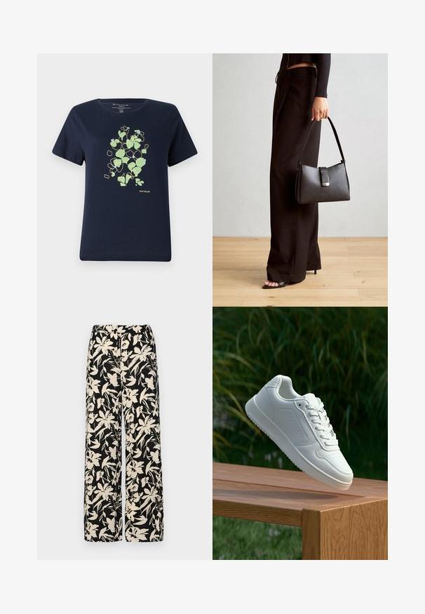 Námornícky modré tričko z bavlny, s jemným zeleno-modrým kvetinovým vzorom orámovaným žltou farbou v prednej časti. Krátke rukávy a okrúhly výstrih.; Čierne nohavice s širokými nohavicami a krémovým kvetinovým vzorom. Vyrobené z ľahkej látky, s hladkou textúrou a vysokým pásom.; Biele tenisky s hladkým syntetickým zvrškom, perforovanou špičkou, plochými šnúrkami a textúrovanou podrážkou, vystavené na drevenej ploche.; Čierna kabelka so štruktúrovaným tvarom, hladkou textúrou a kovovou sponou. V kombinácii so širokými čiernymi nohavicami a sandálmi s otvorenou špičkou na drevenej podlahe.